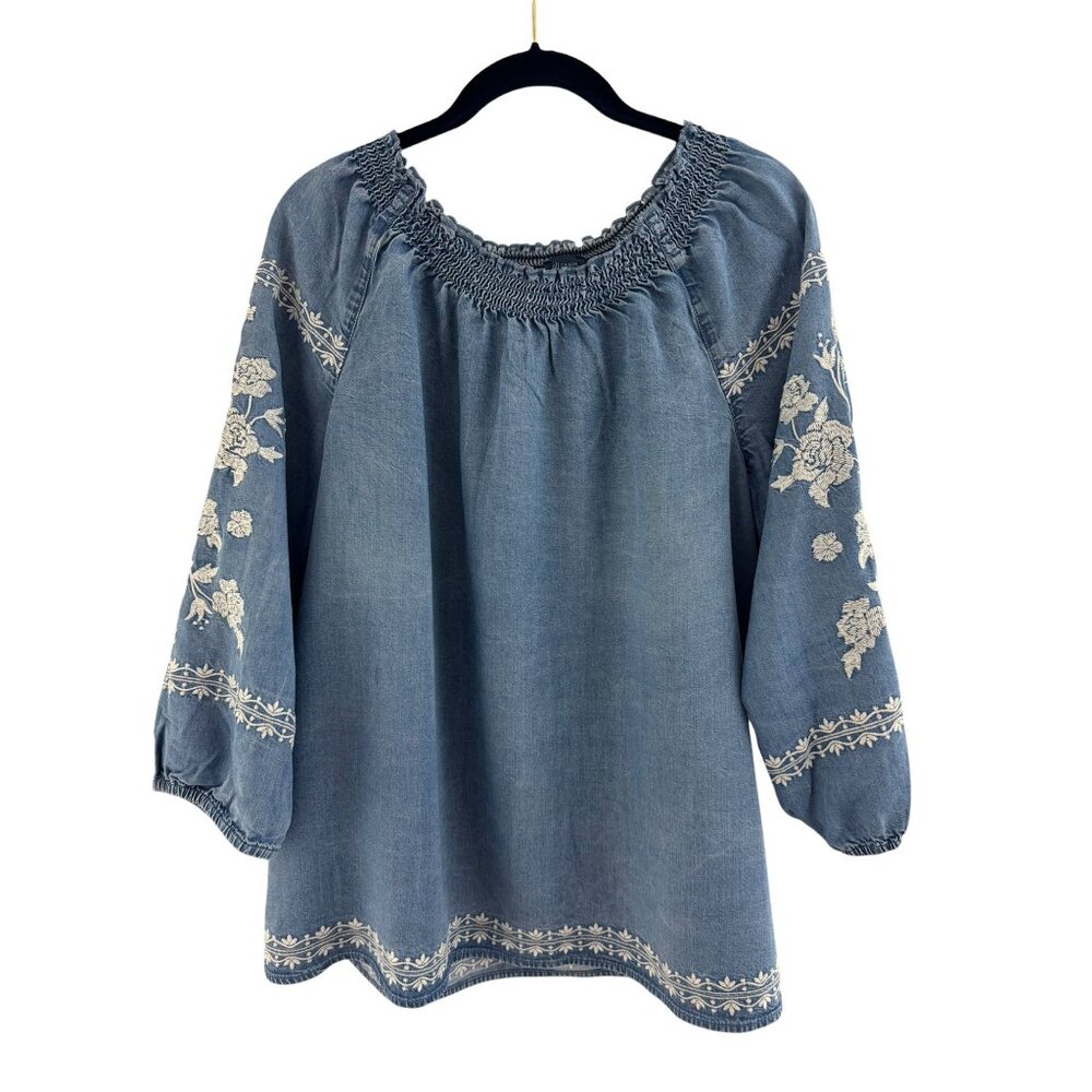 J. Jill Denim Chambray Embroidered Tunic Top Size XL Shirt Blouse Boho Peasant - Picture 5 of 11